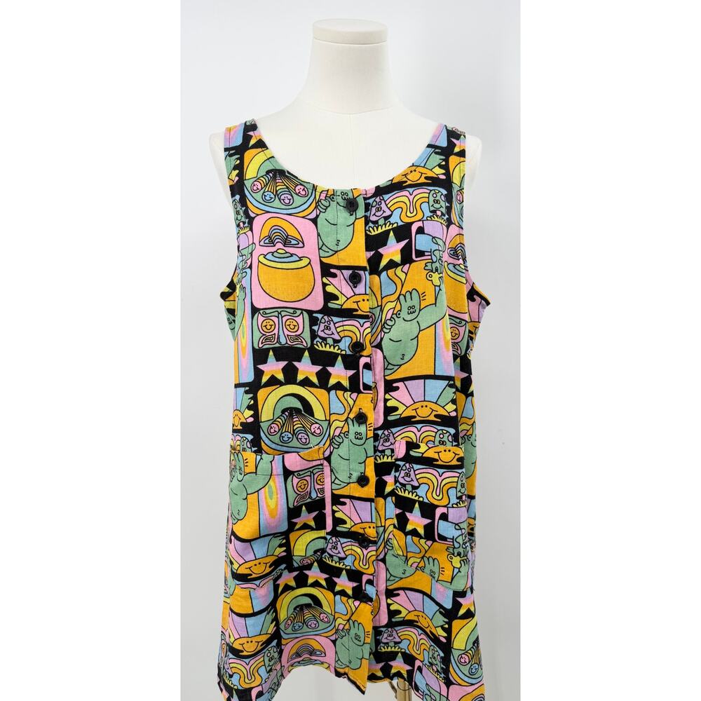 Nooworks Dreyfus 100% Linen Dress Black Rainbow Mushroom Tank Whimsical L - Picture 3 of 11